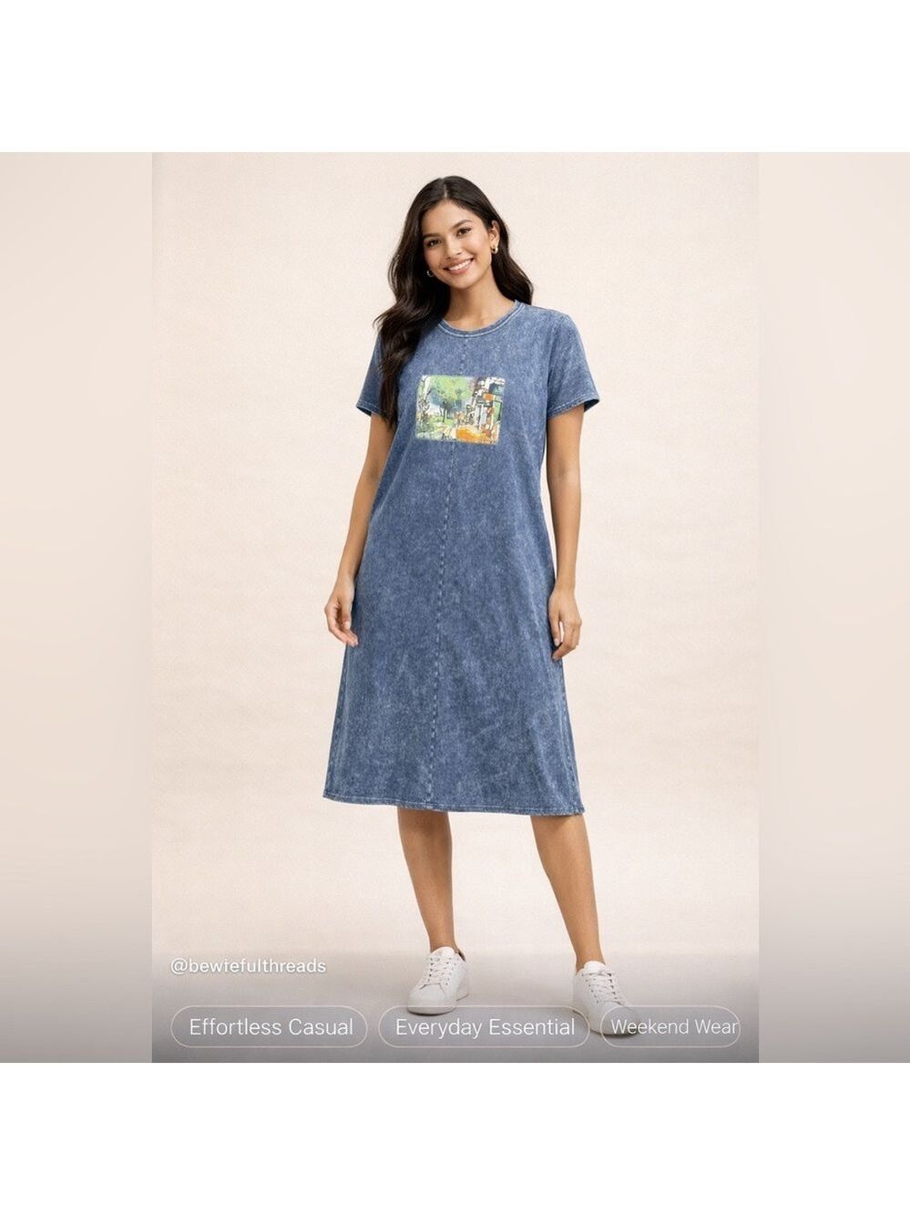Michael Leu Art Street Scene Graphic T-Shirt Maxi Dress Blue Large